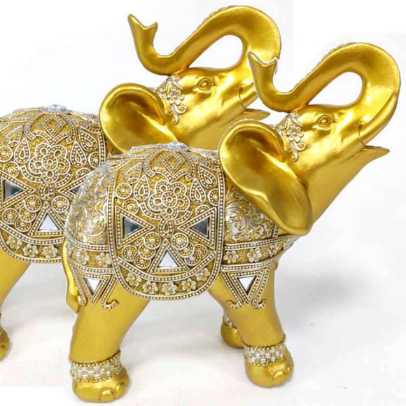 Set Of 2 Feng Shui 9”(H) Gold Color Elephants Statue With Trunk Facing Upwards - Picture 1 of 9